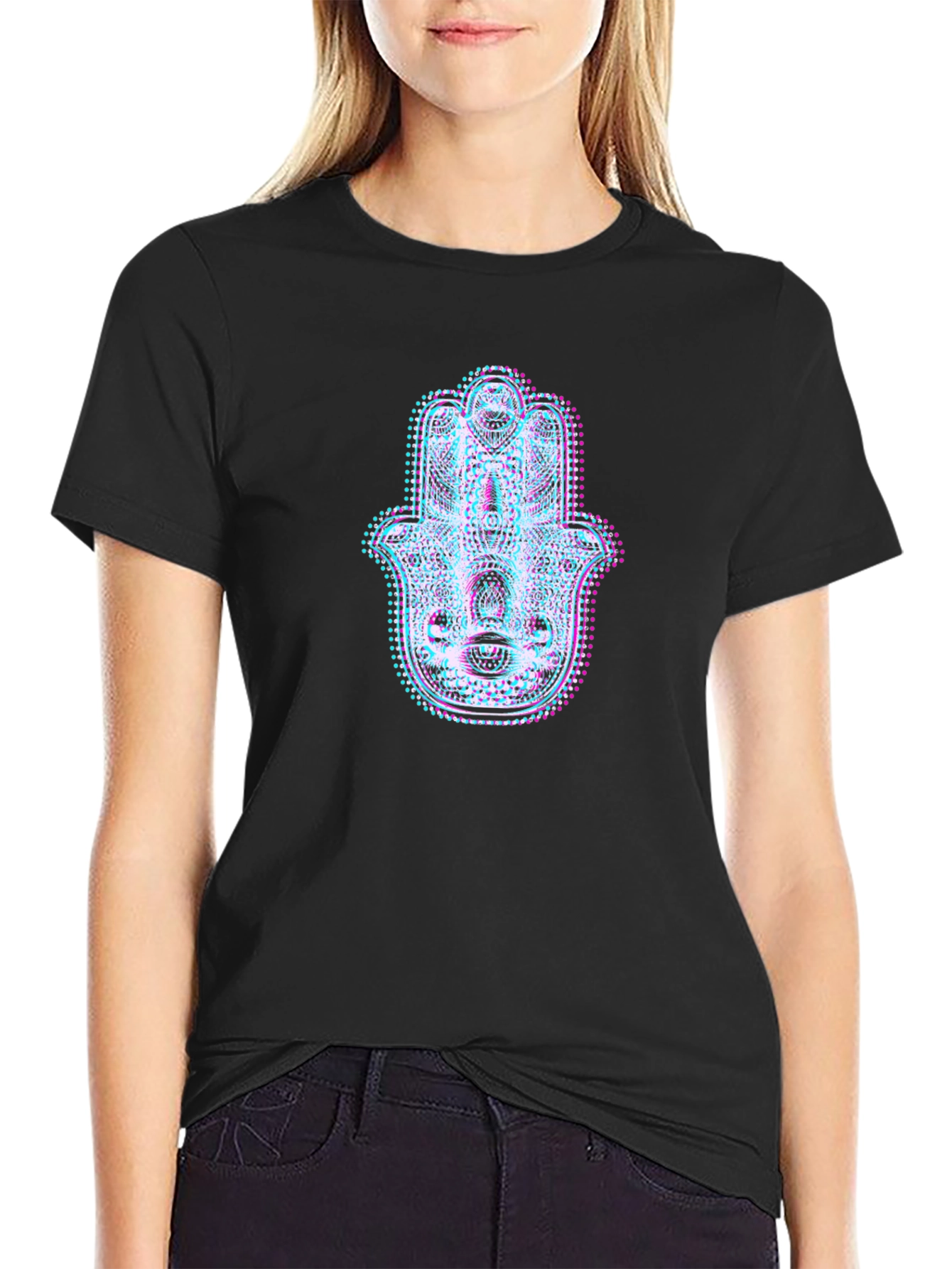 Hamsa Hand Glitch Art Black T-Shirt