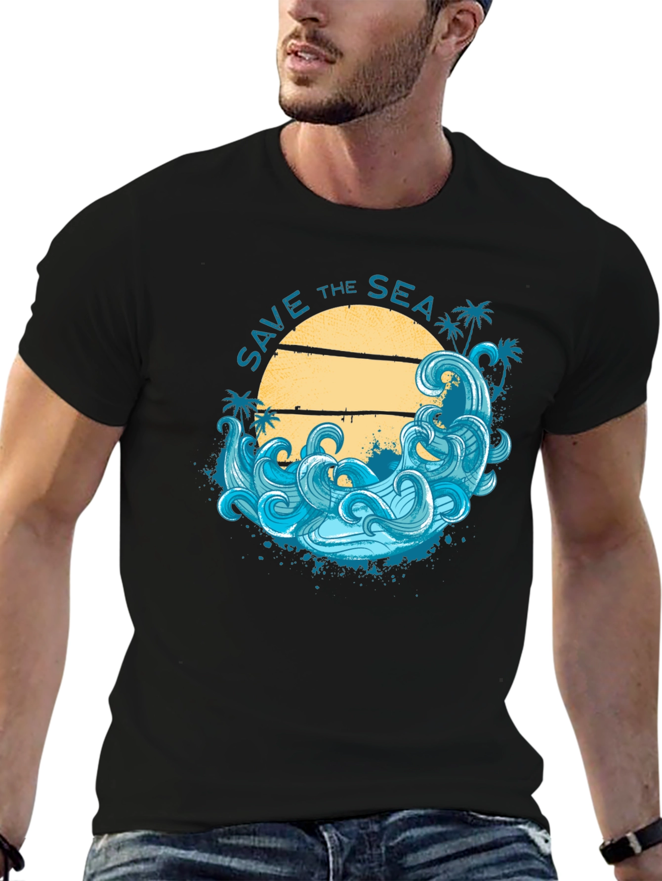 Save the Sea Graphic Tee - Black Cotton T-Shirt