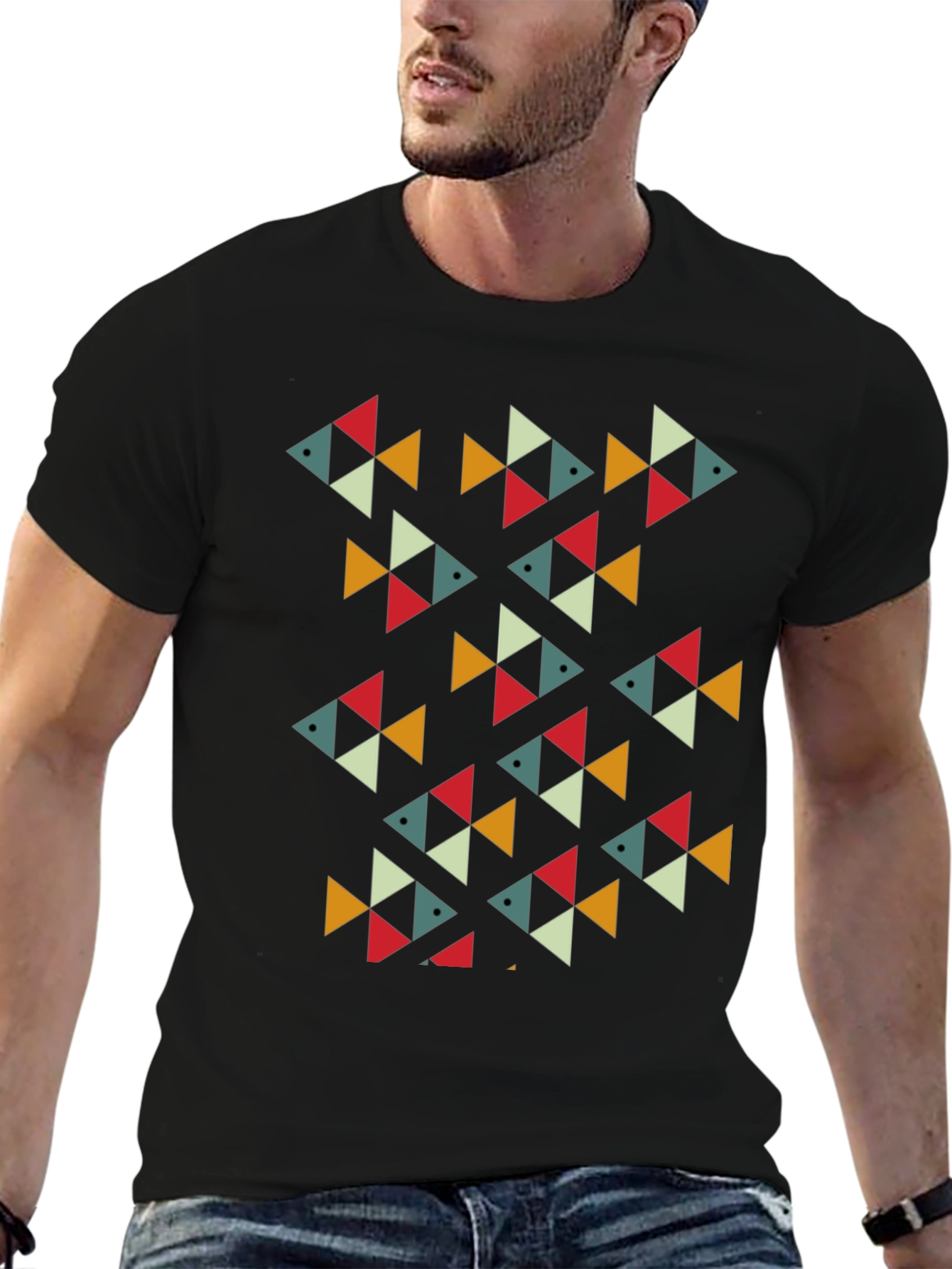 Geometric Fish Pattern Black T-Shirt