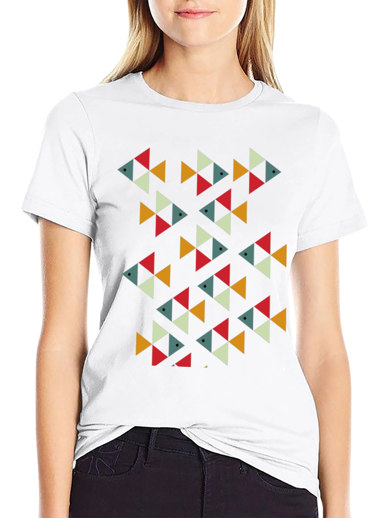 Geometric Fish Pattern Black T-Shirt