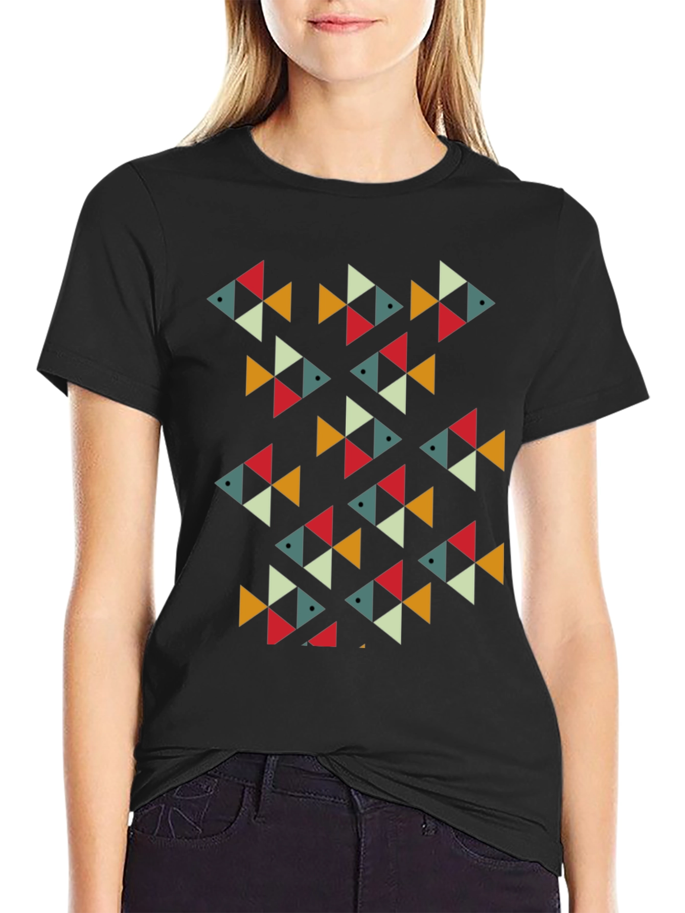 Geometric Fish Pattern Black T-Shirt