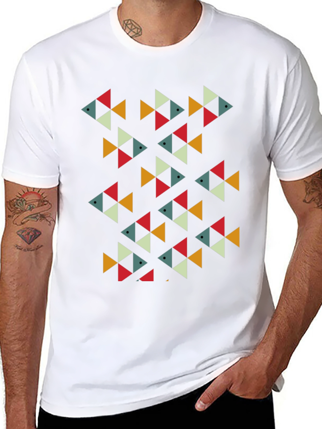 Geometric Fish Pattern Black T-Shirt