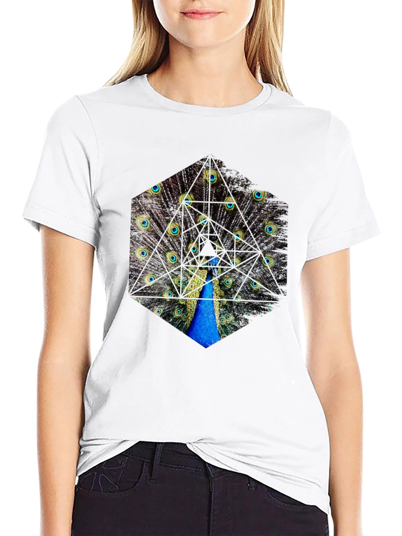 Peacock Feather Hexagon Graphic T-Shirt - Unique Design