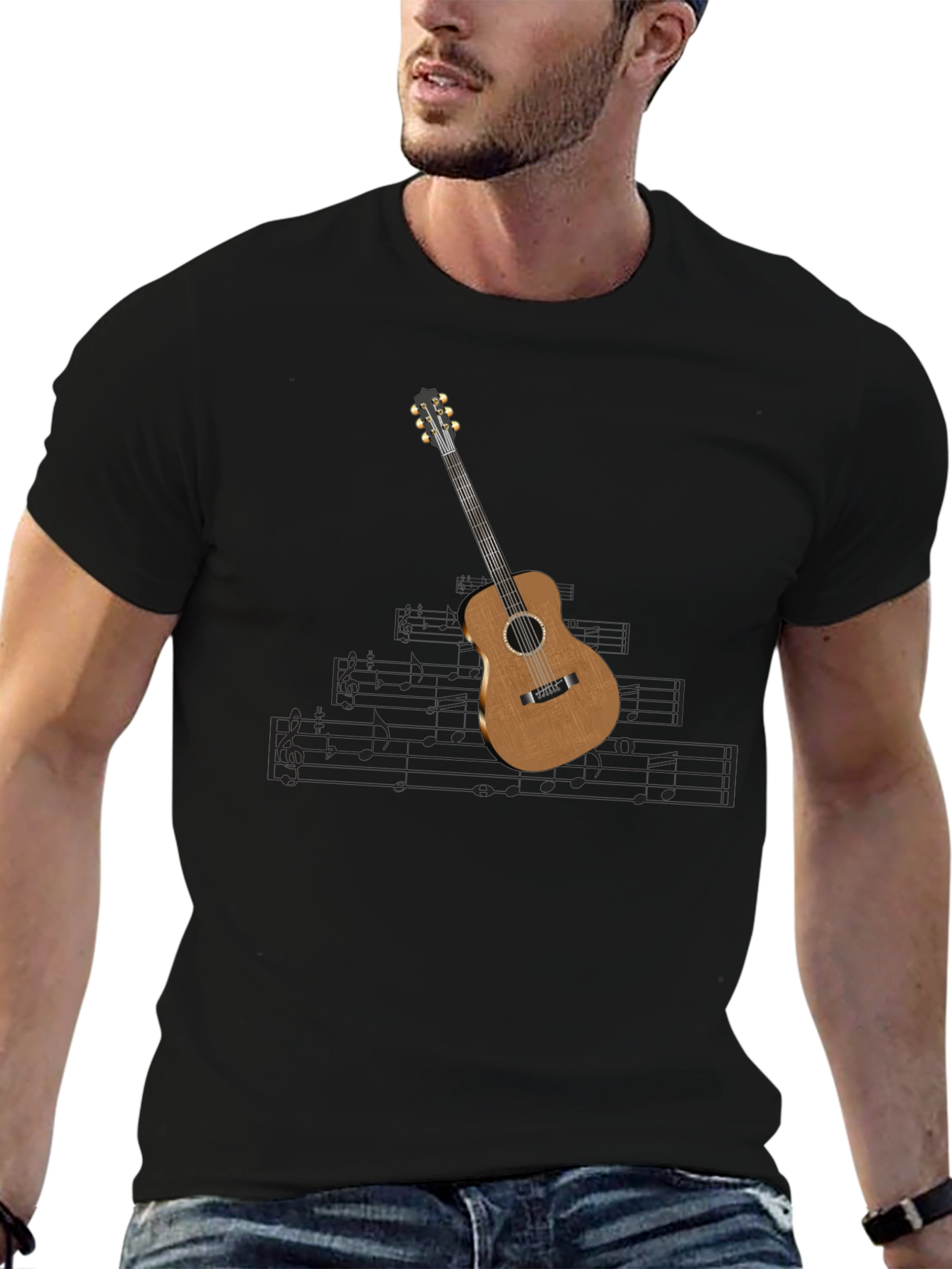 Guitar & Music Note Black T-Shirt