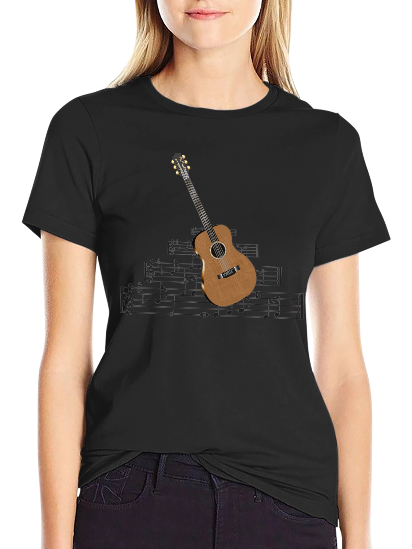 Guitar & Music Note Black T-Shirt