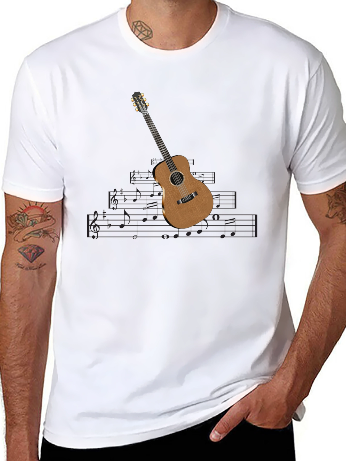 Guitar & Music Note Black T-Shirt