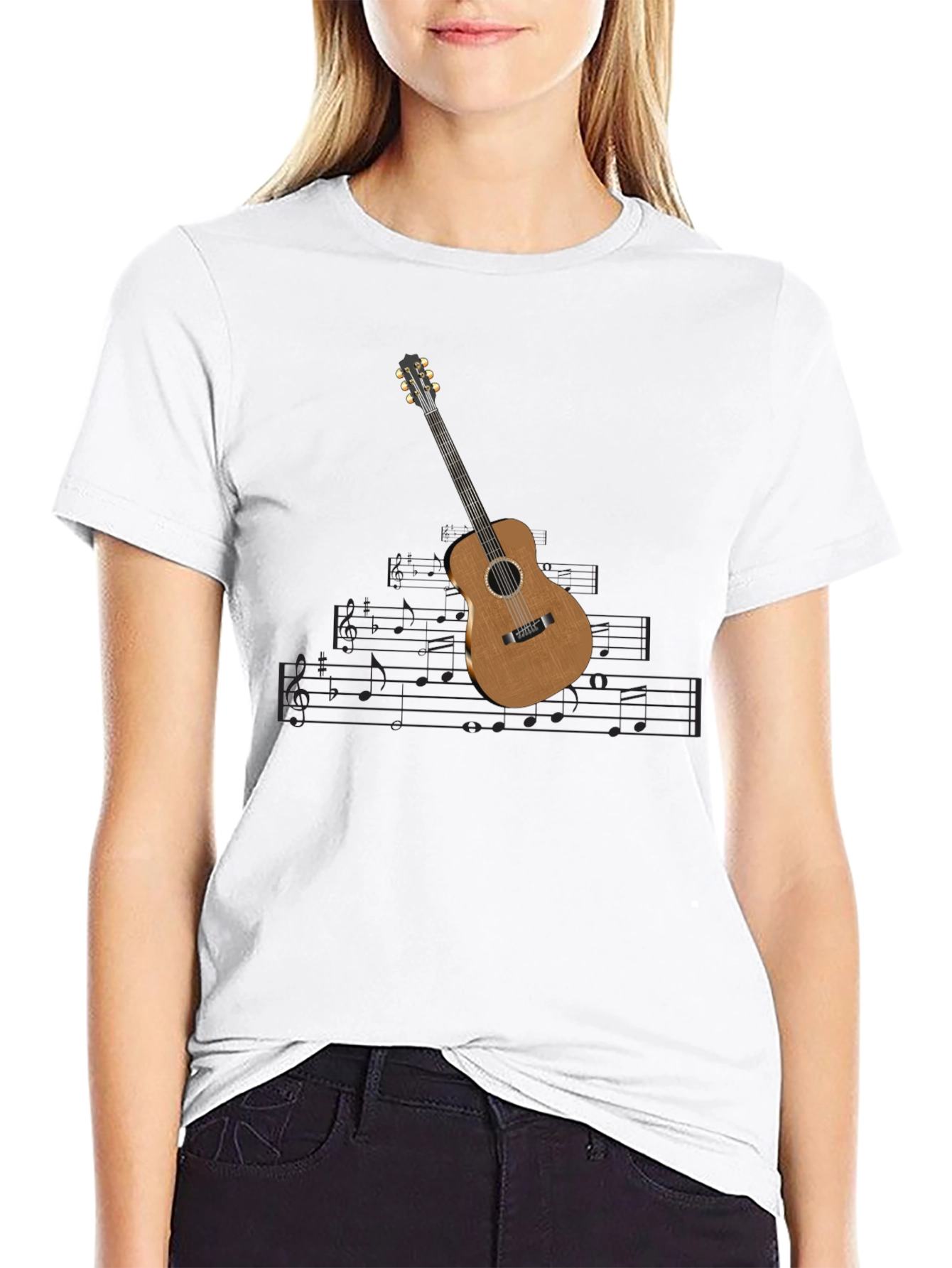 Guitar & Music Note Black T-Shirt