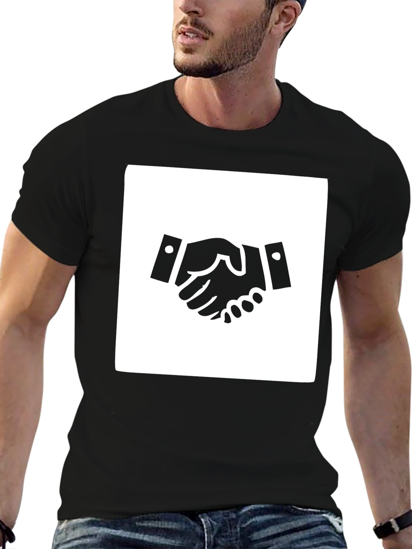 Handshake Graphic Tee - Black Cotton Blend Casual Shirt