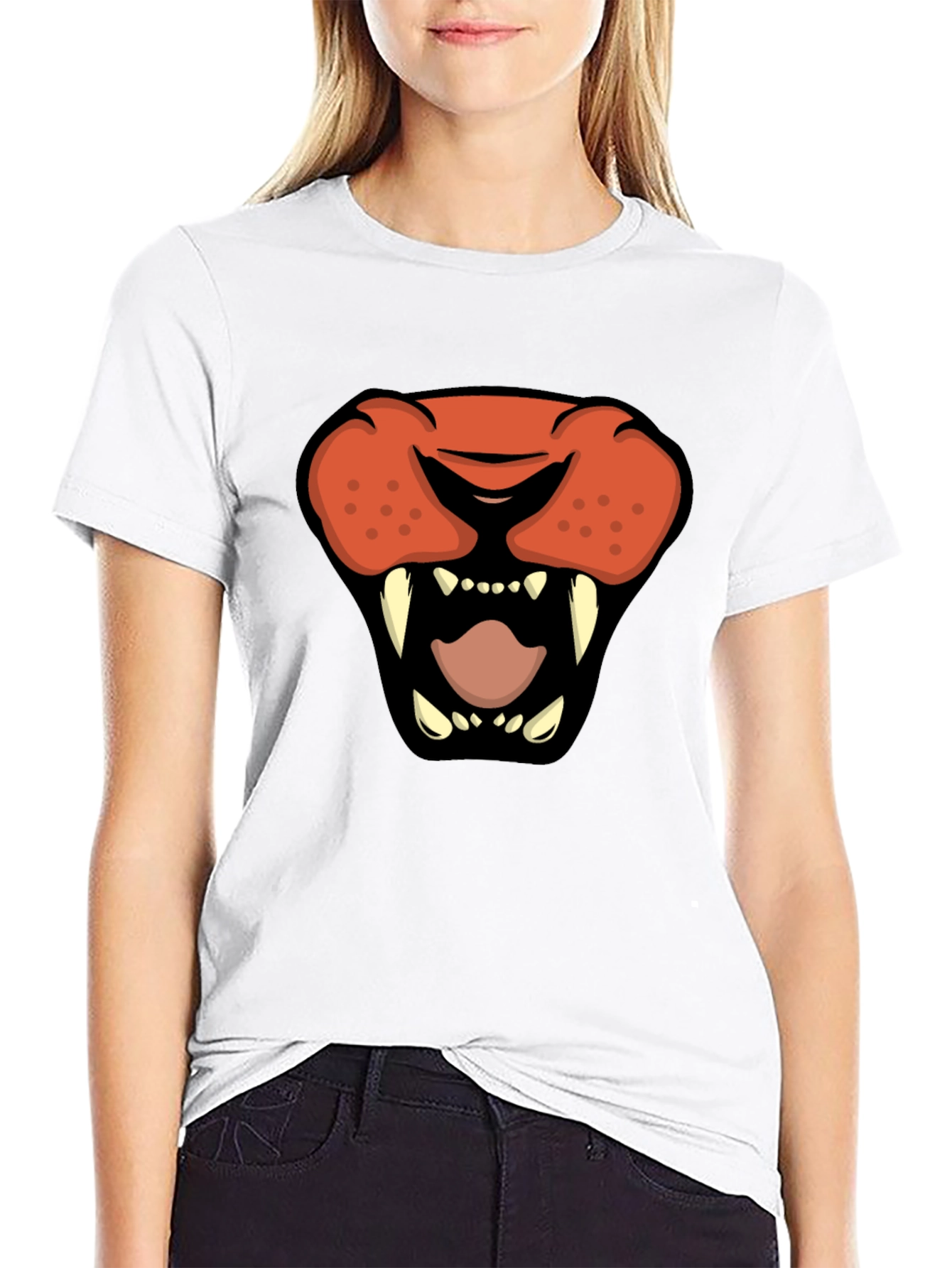 Cartoon Lion Graphic Tee - Black Crew Neck