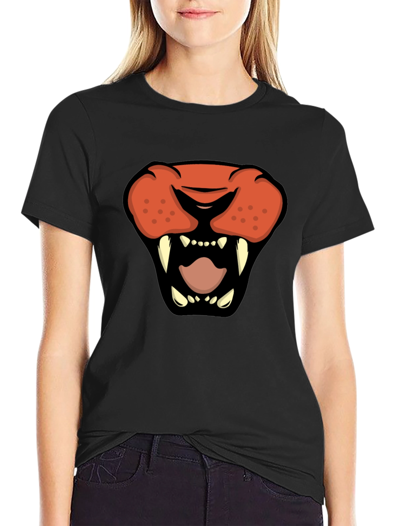Cartoon Lion Graphic Tee - Black Crew Neck