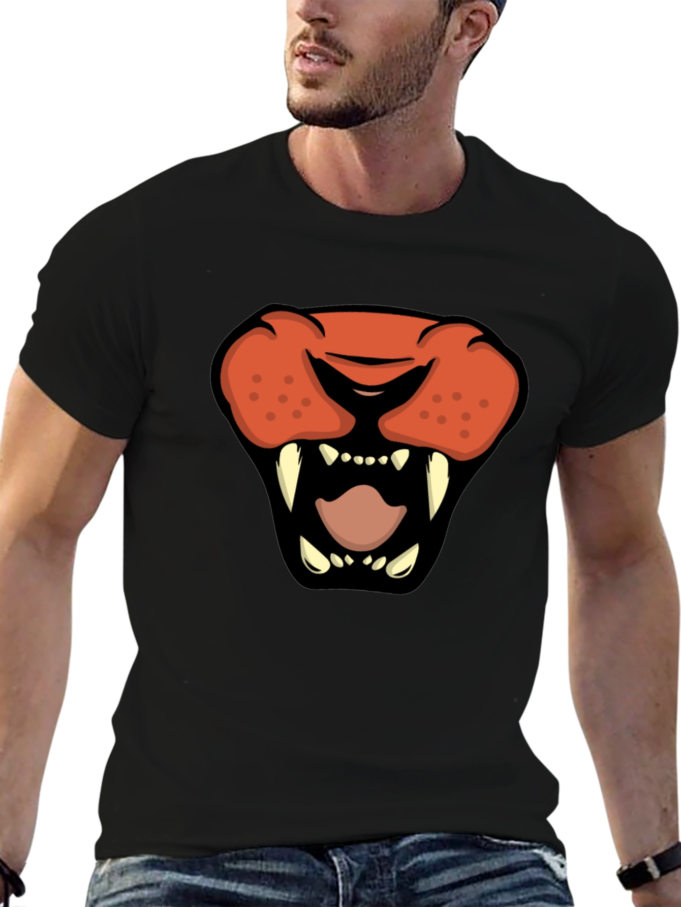 Cartoon Lion Graphic Tee - Black Crew Neck