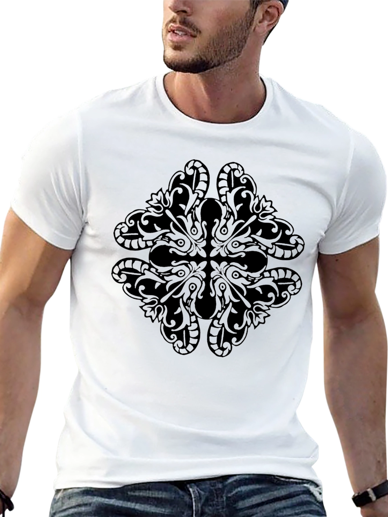 Mens Black Graphic Tee - Ornate Design