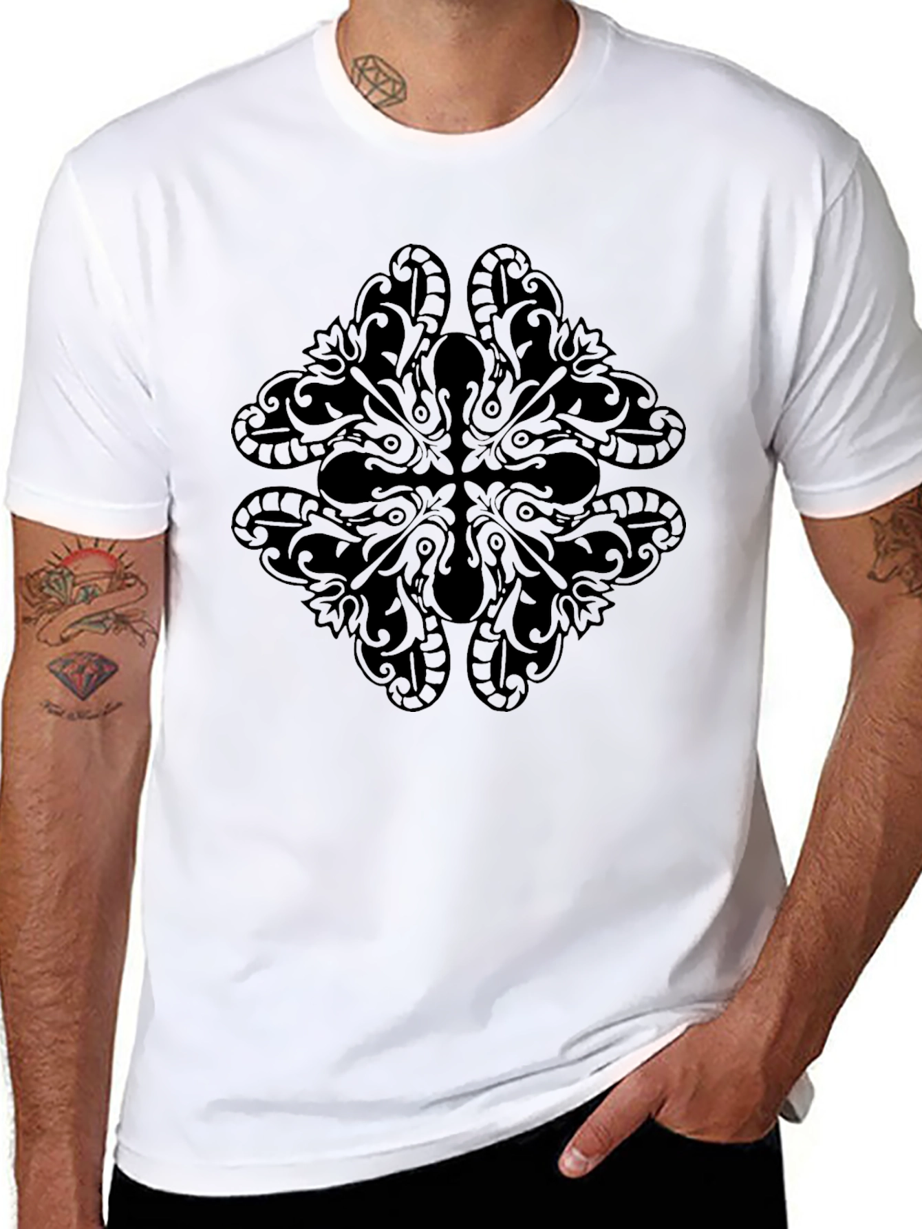 Mens Black Graphic Tee - Ornate Design