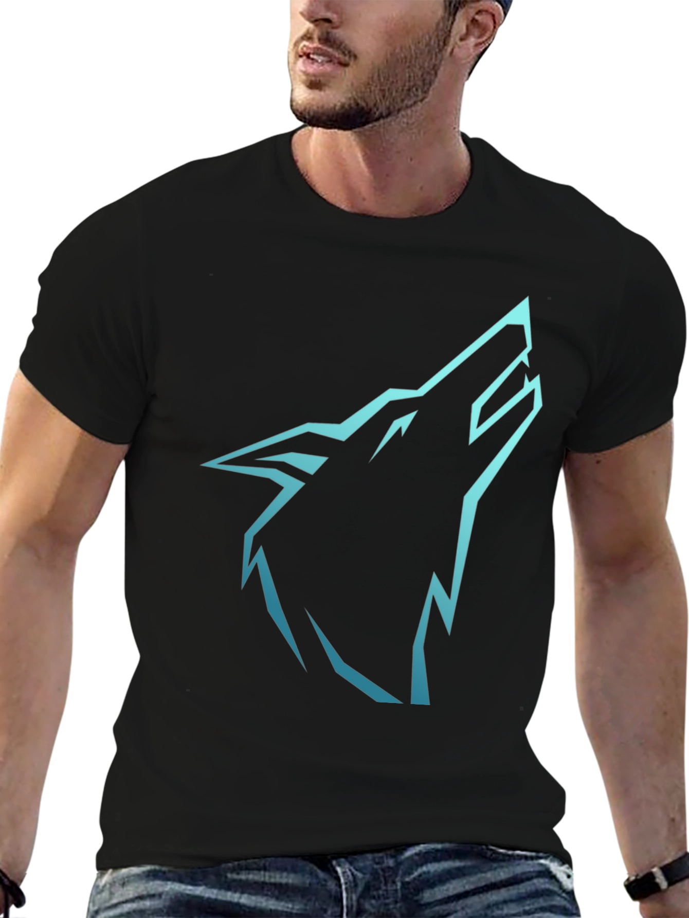 Mens Black T-Shirt with Cyan Wolf Graphic