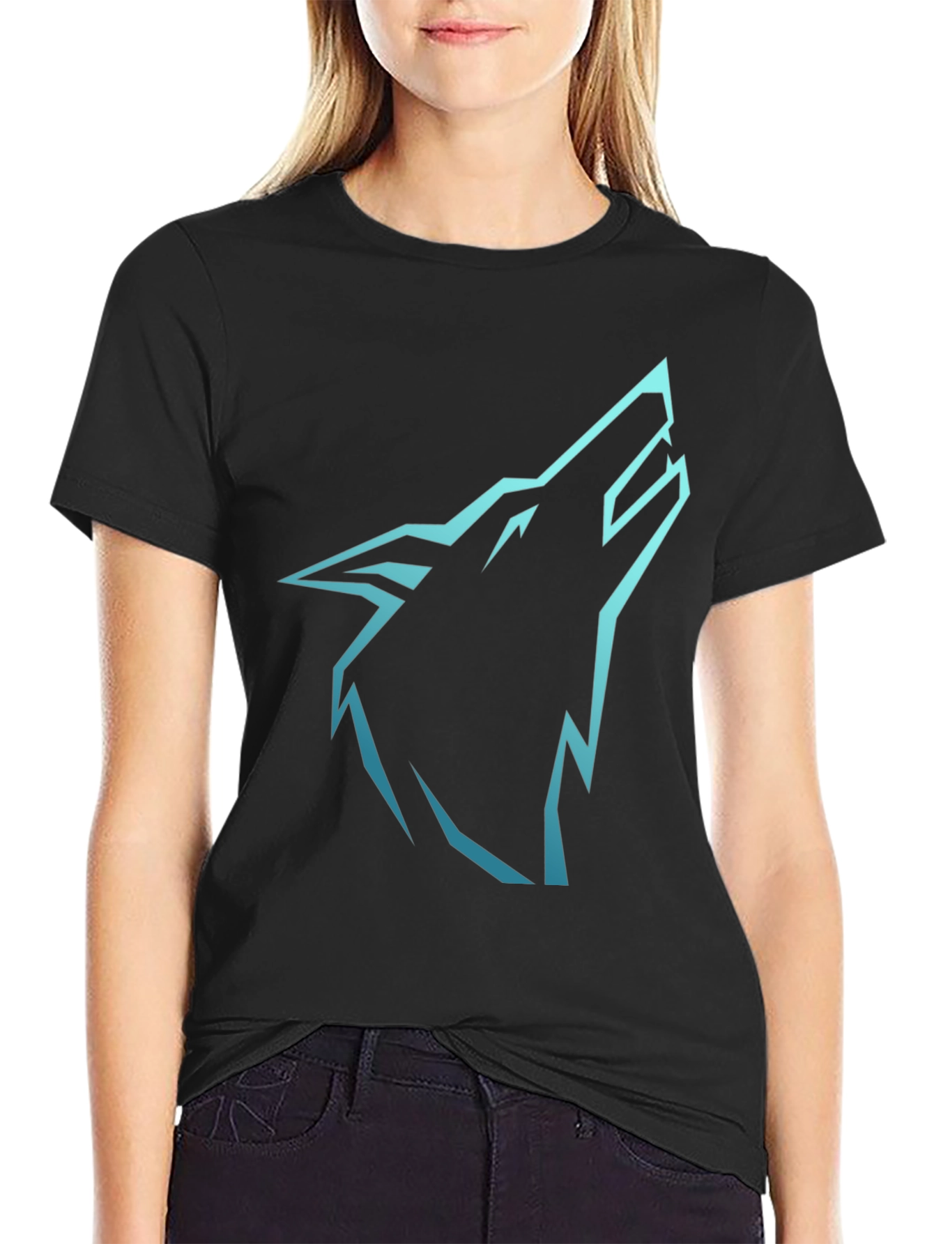 Mens Black T-Shirt with Cyan Wolf Graphic