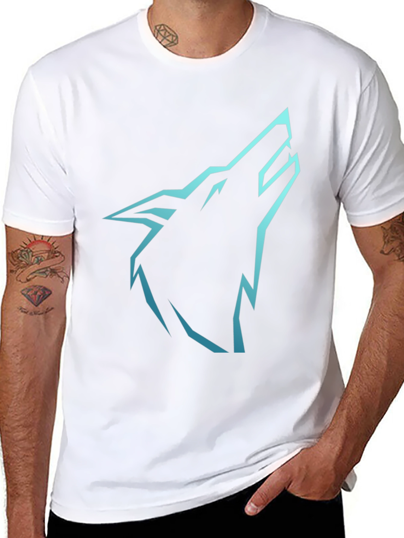 Mens Black T-Shirt with Cyan Wolf Graphic