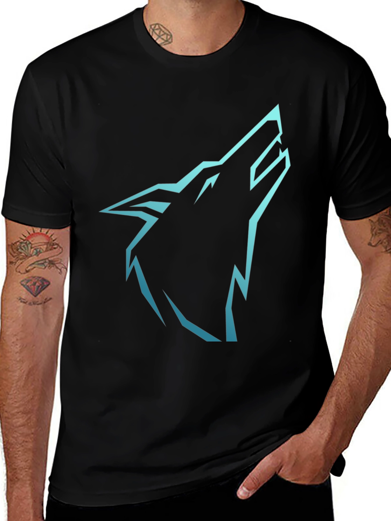 Mens Black T-Shirt with Cyan Wolf Graphic