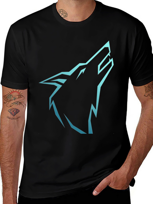 Mens Black T-Shirt with Cyan Wolf Graphic