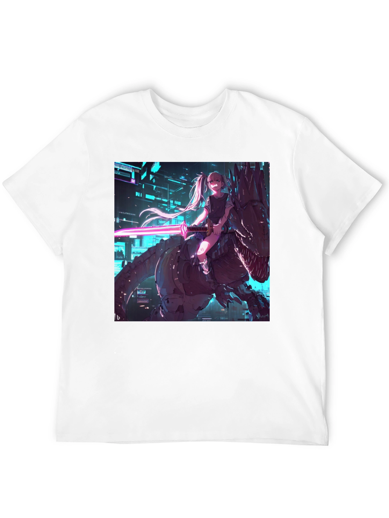 Cyberpunk Anime Girl Riding T-Rex Graphic Tee