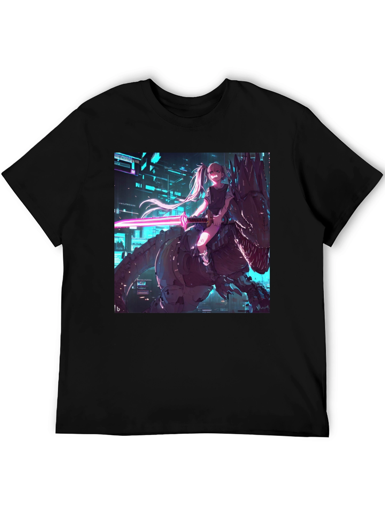 Cyberpunk Anime Girl Riding T-Rex Graphic Tee