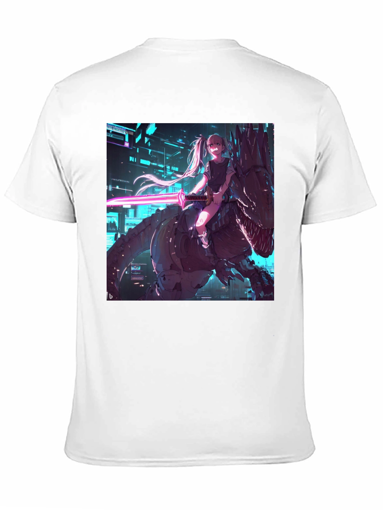 Cyberpunk Anime Girl Riding T-Rex Graphic Tee