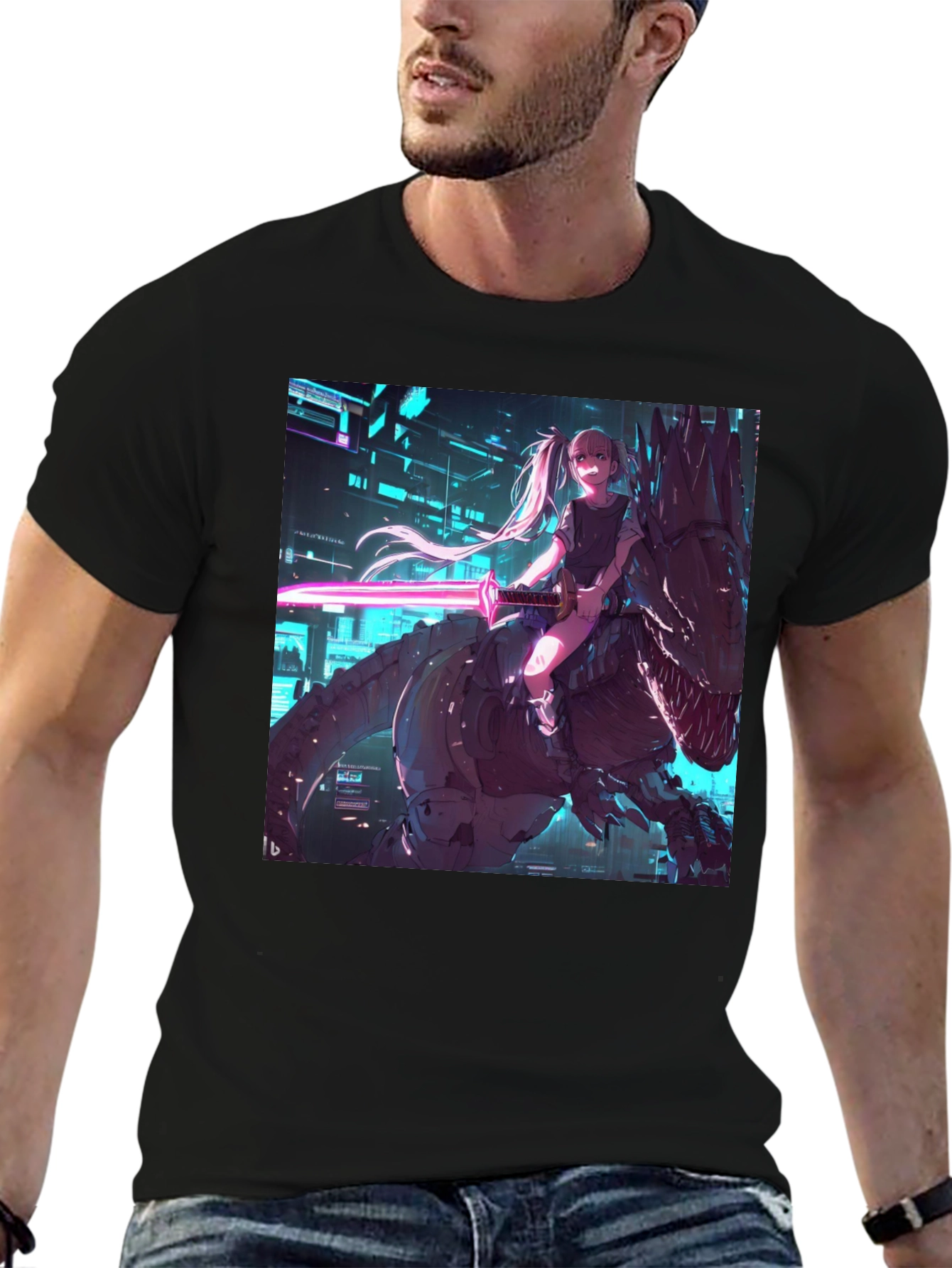 Cyberpunk Anime Girl Riding T-Rex Graphic Tee