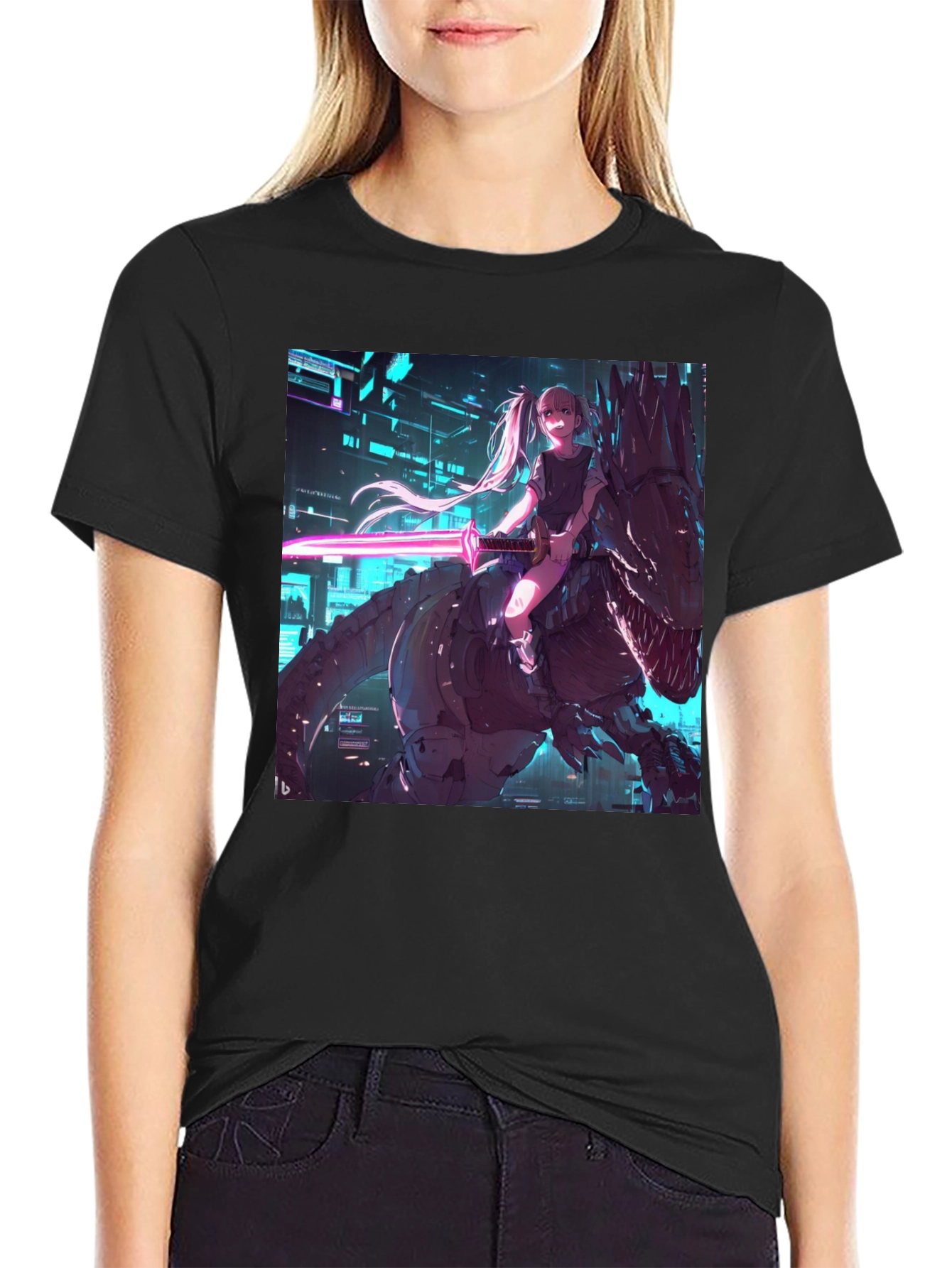 Cyberpunk Anime Girl Riding T-Rex Graphic Tee