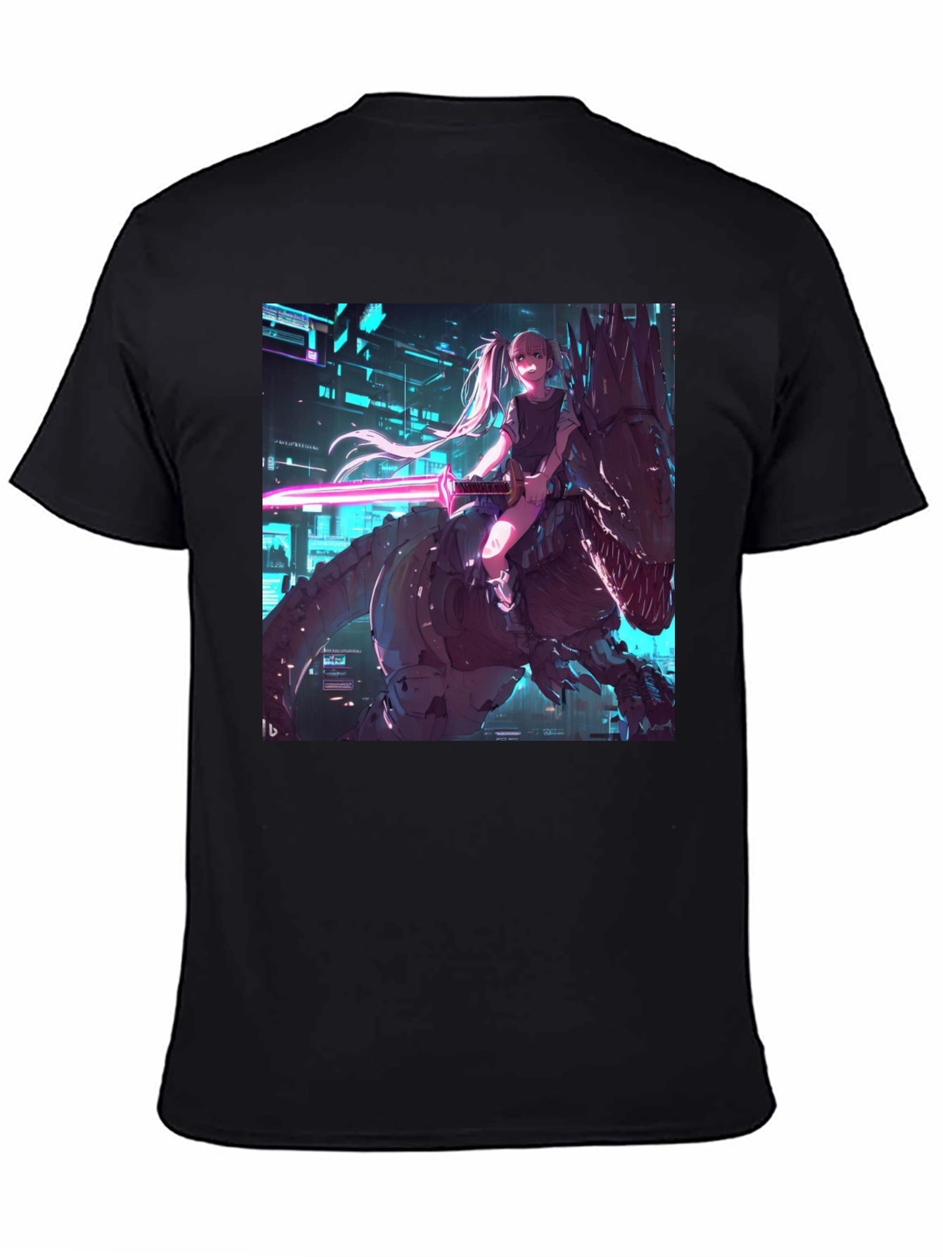 Cyberpunk Anime Girl Riding T-Rex Graphic Tee