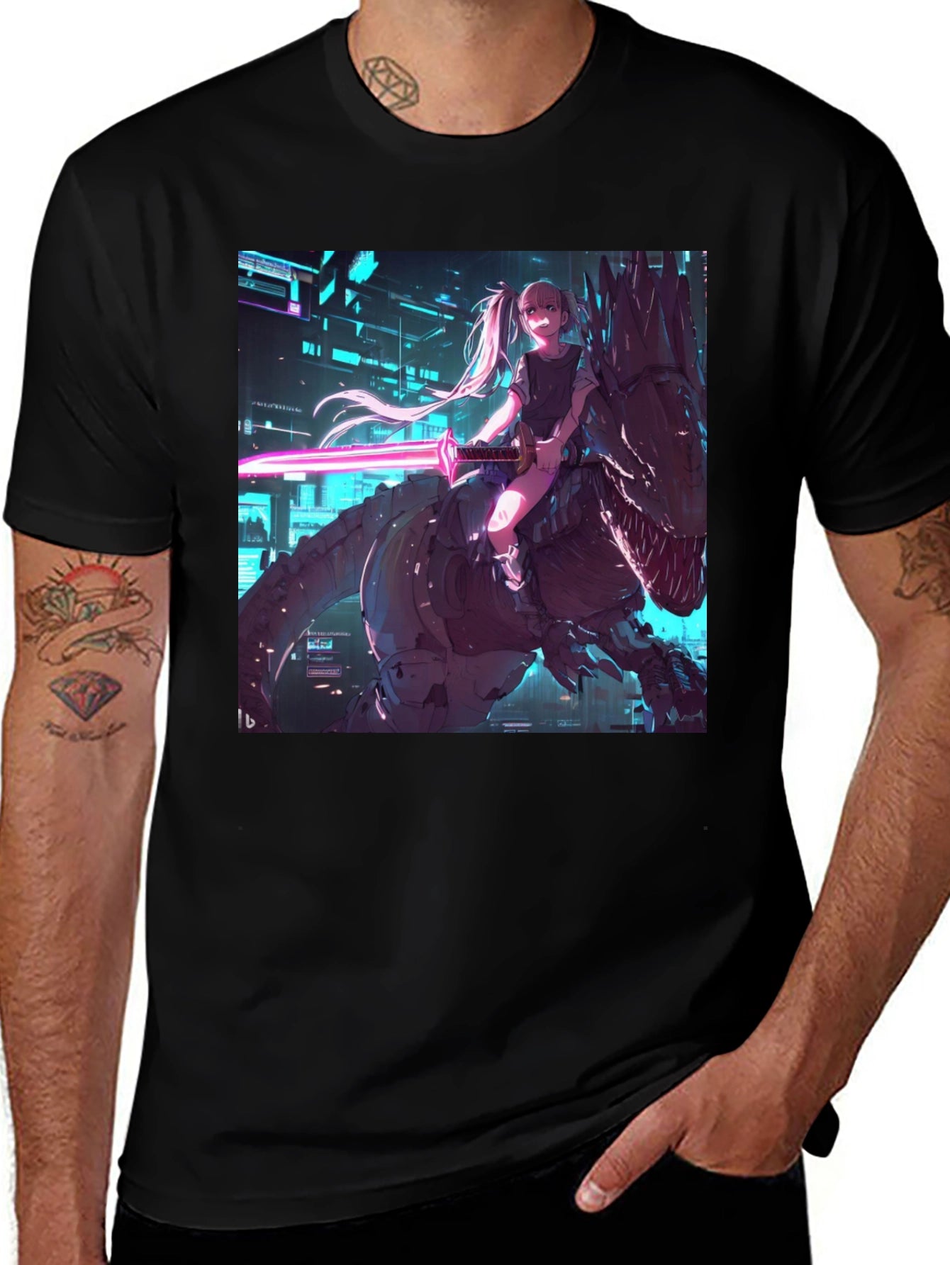 Cyberpunk Anime Girl Riding T-Rex Graphic Tee