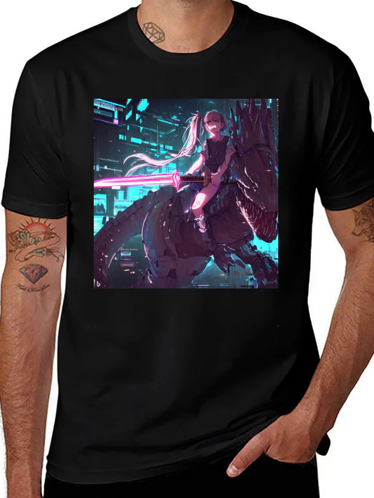 Cyberpunk Anime Girl Riding T-Rex Graphic Tee