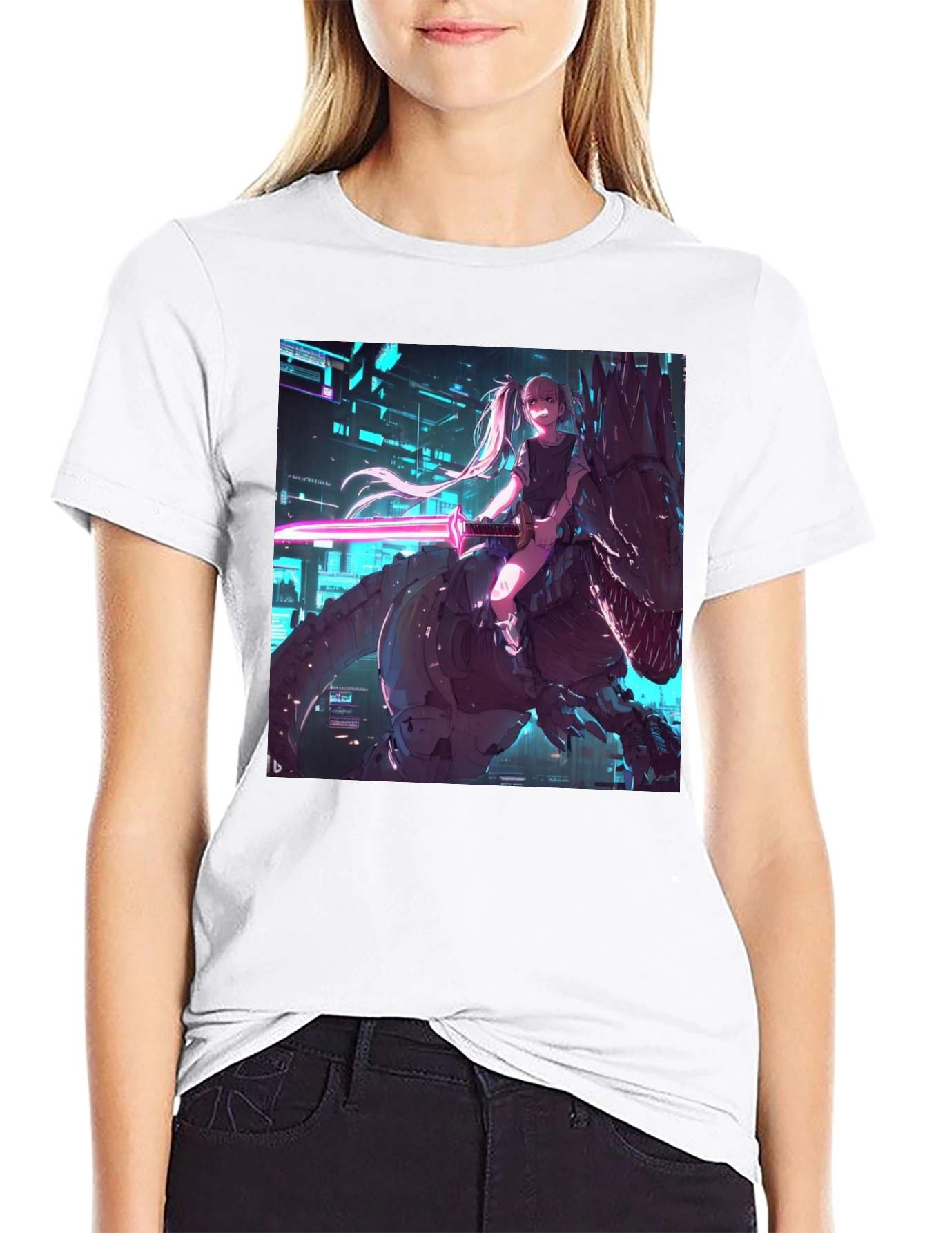 Cyberpunk Anime Girl Riding T-Rex Graphic Tee