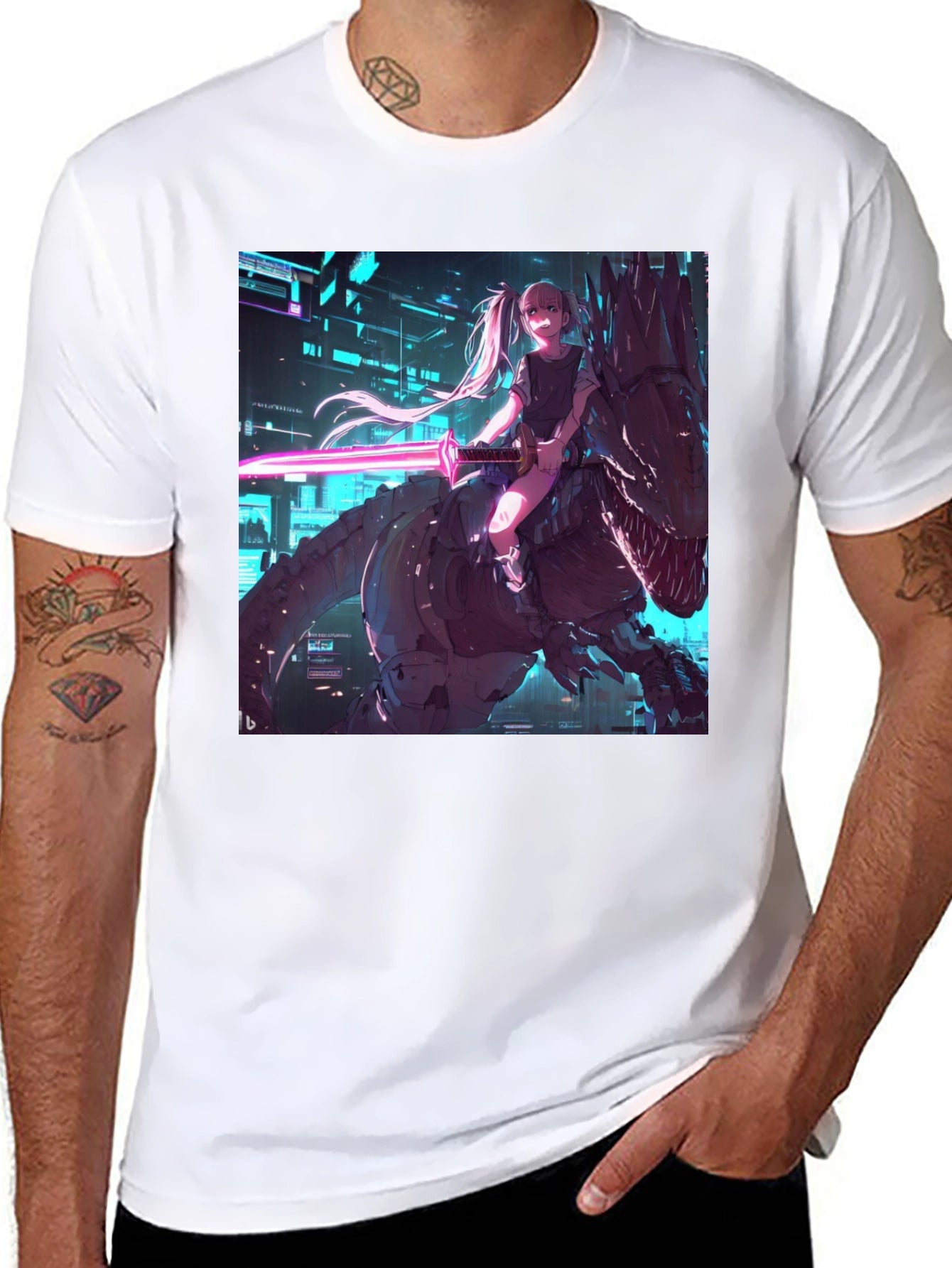 Cyberpunk Anime Girl Riding T-Rex Graphic Tee