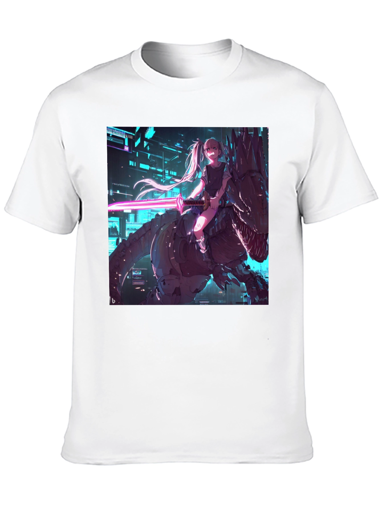 Cyberpunk Anime Girl Riding T-Rex Graphic Tee