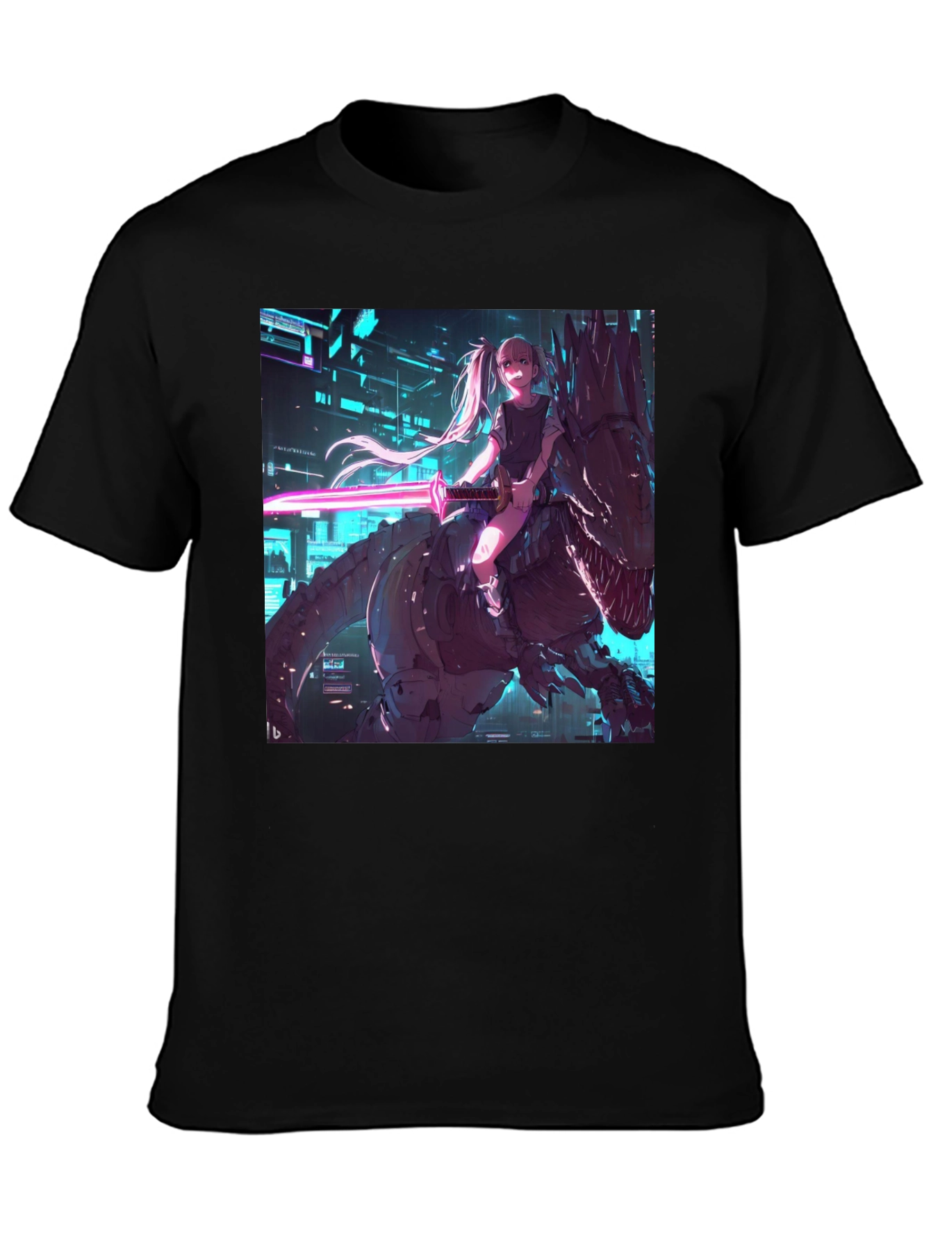 Cyberpunk Anime Girl Riding T-Rex Graphic Tee