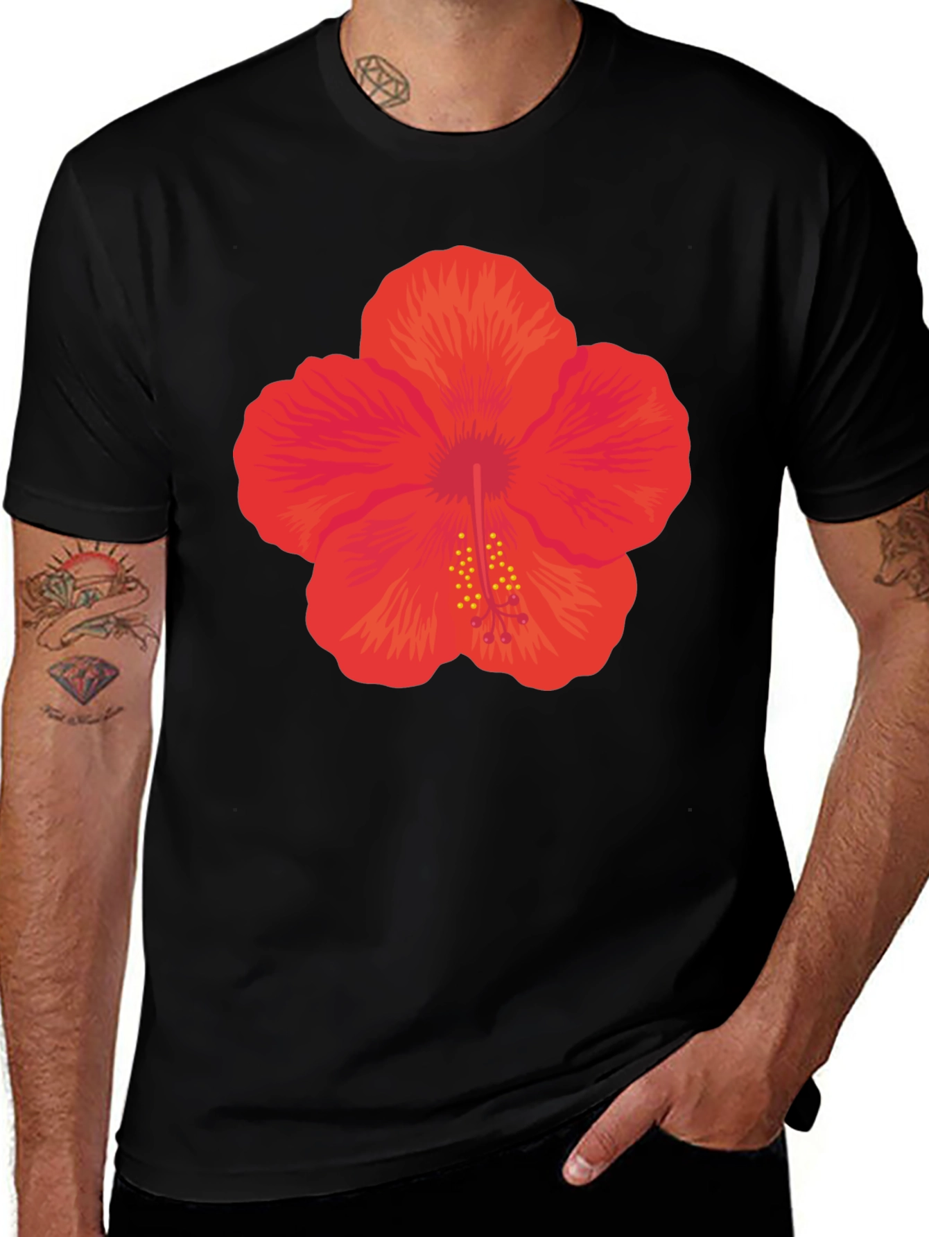 Hibiscus Flower Graphic Black T-Shirt