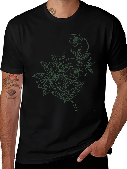 Black Floral Line Art T-Shirt