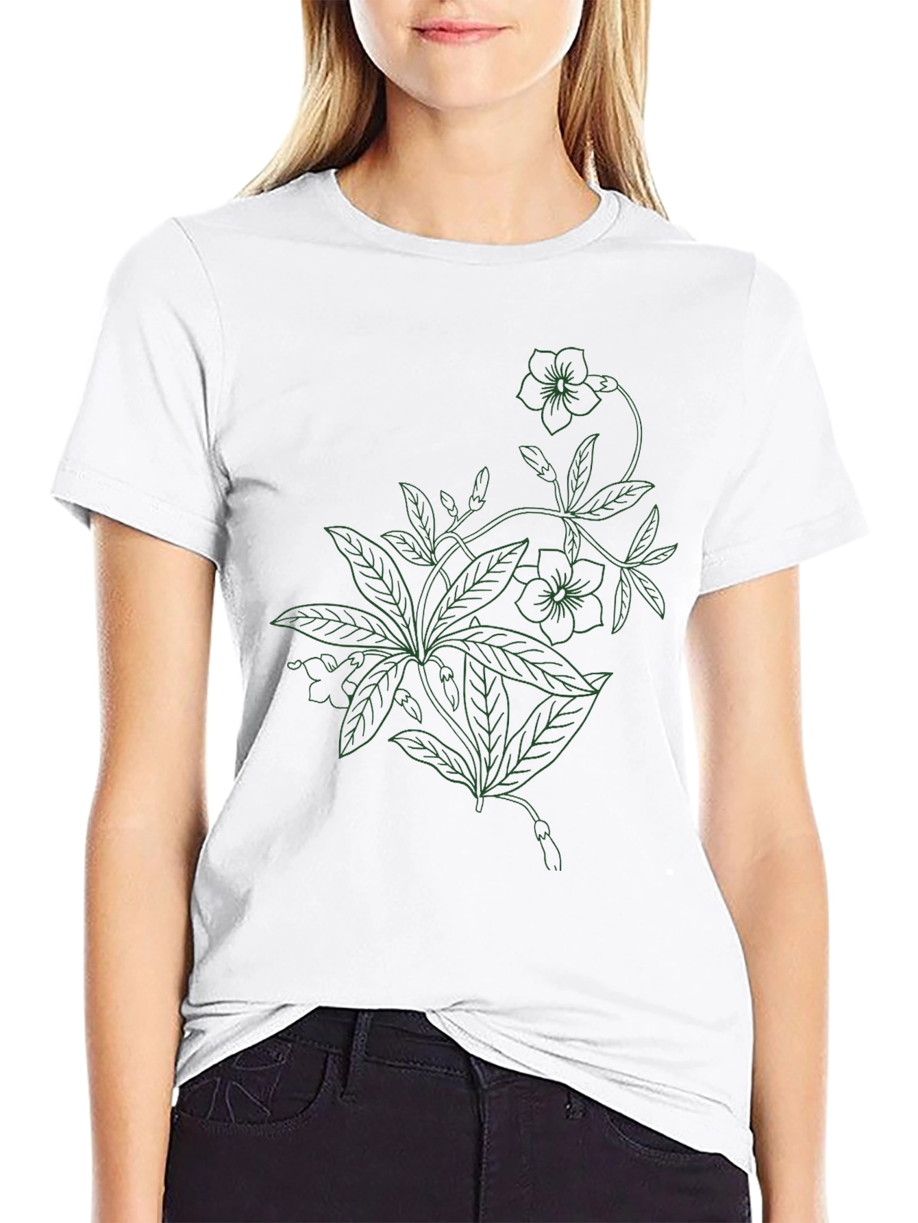 Black Floral Line Art T-Shirt