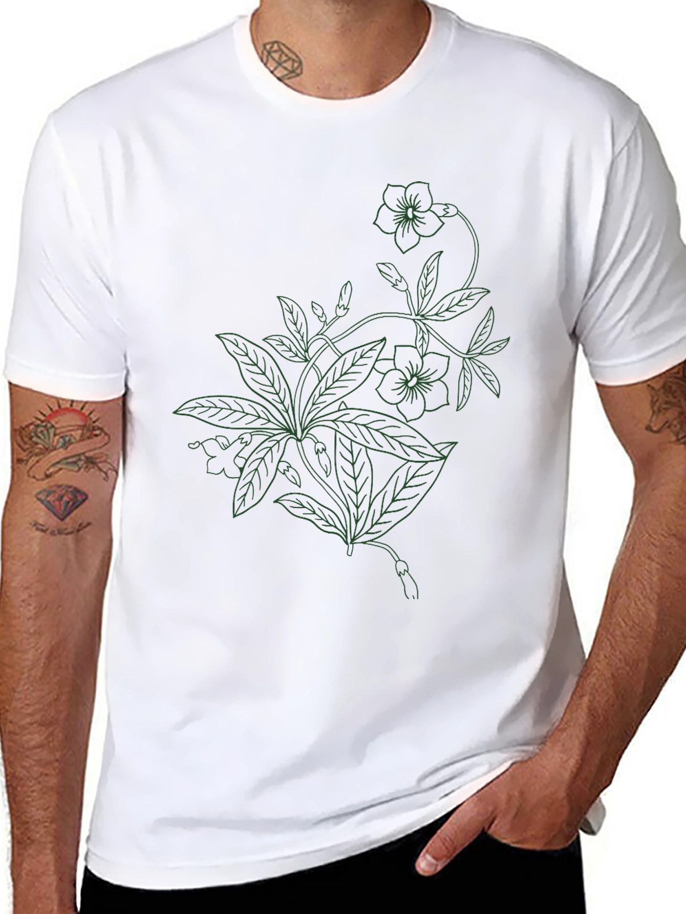 Black Floral Line Art T-Shirt