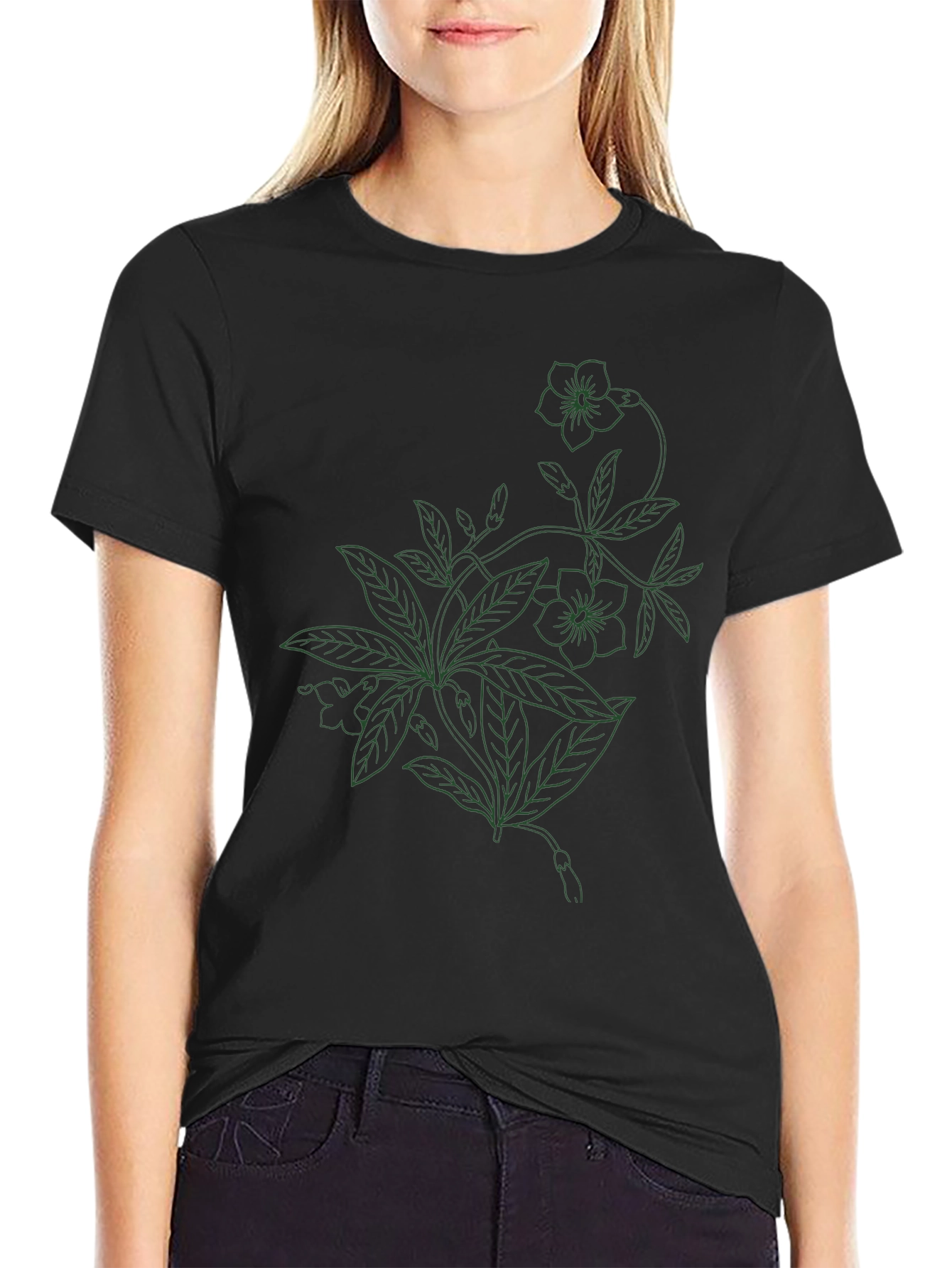 Black Floral Line Art T-Shirt