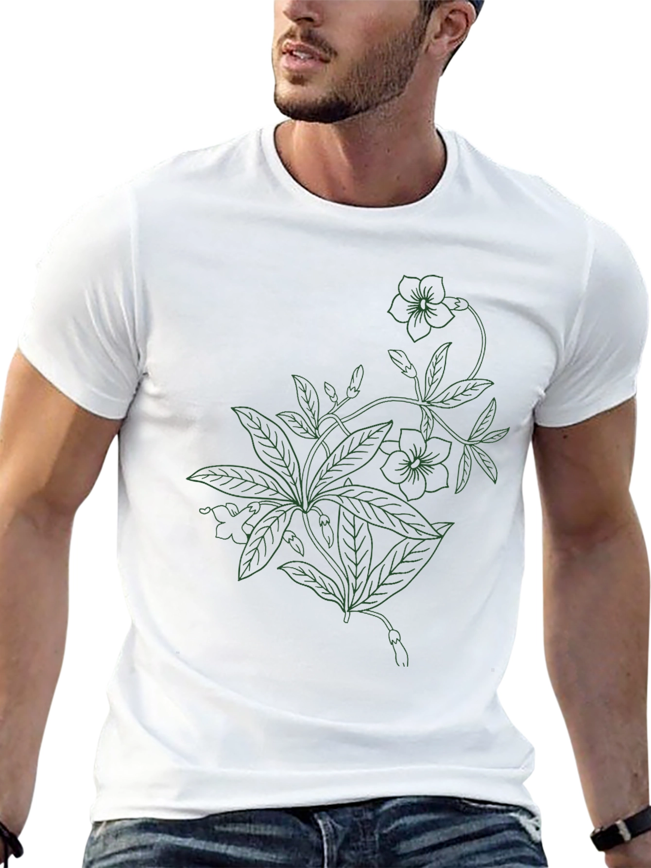 Black Floral Line Art T-Shirt