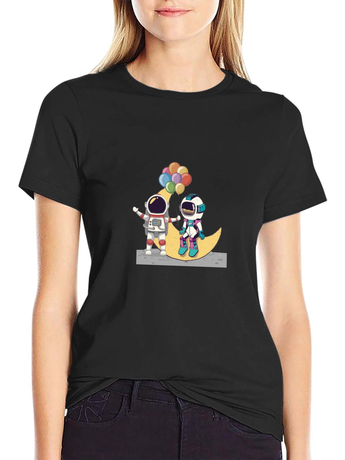 Astronauts on Moon Black T-Shirt