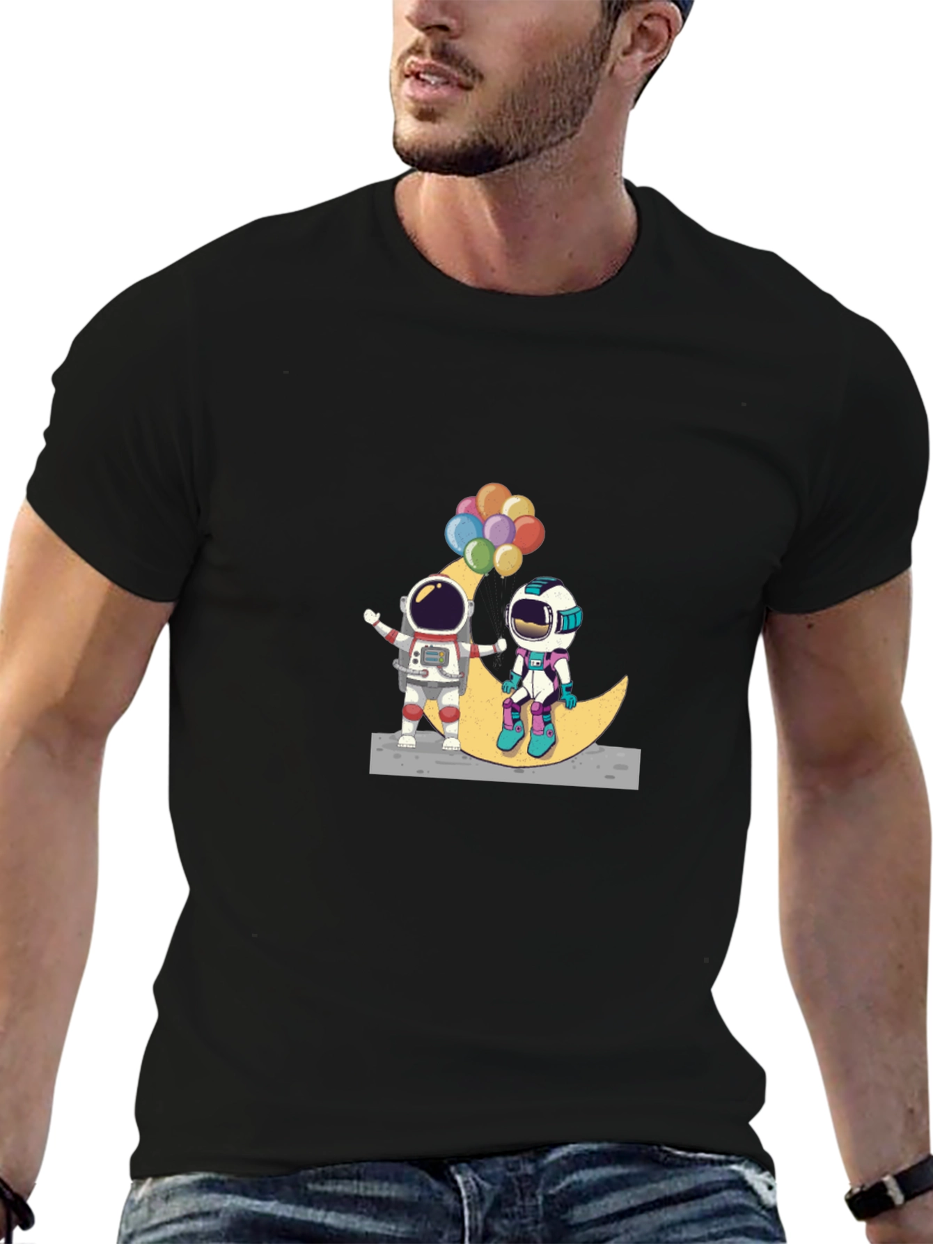 Astronauts on Moon Black T-Shirt