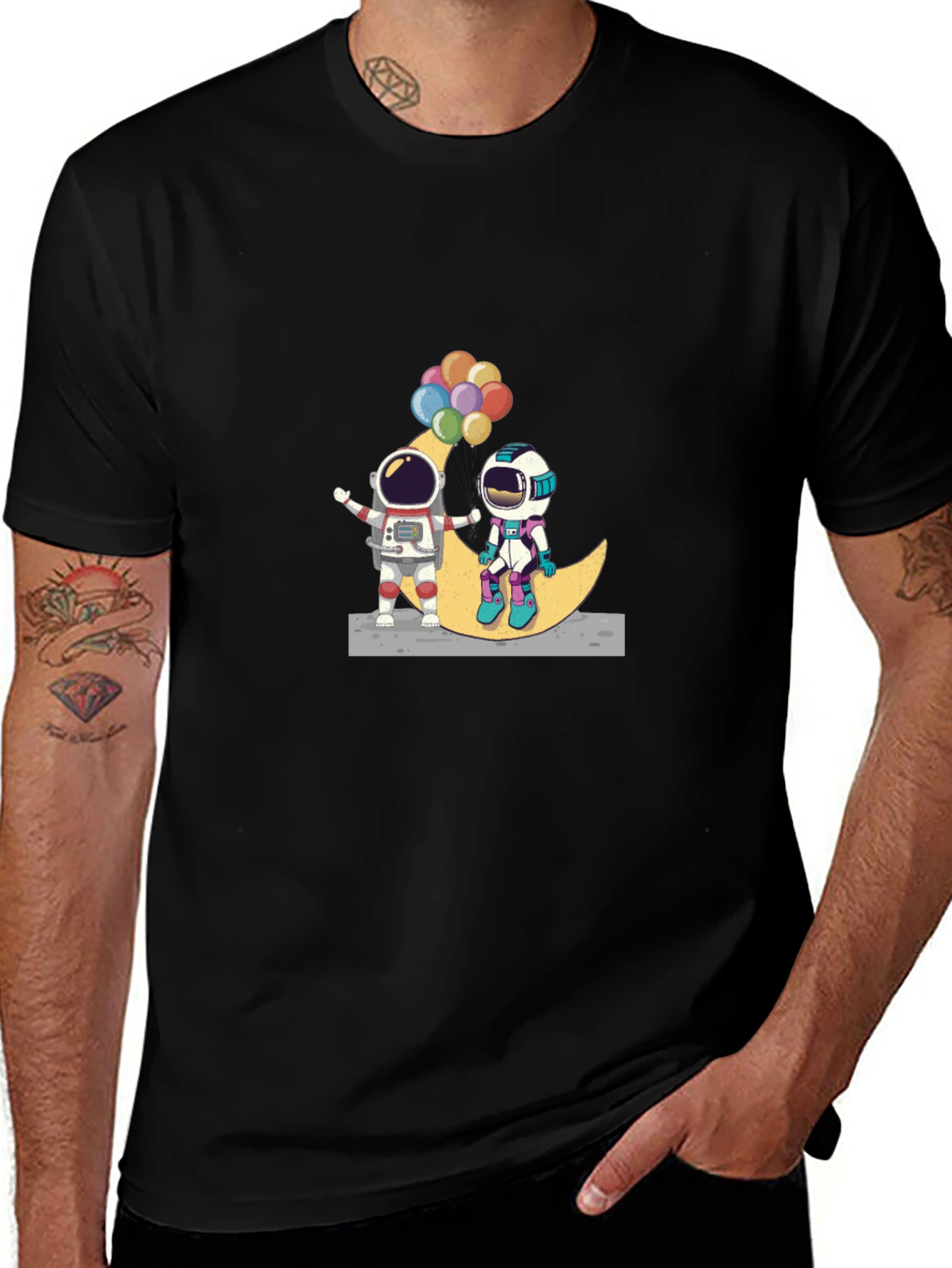 Astronauts on Moon Black T-Shirt