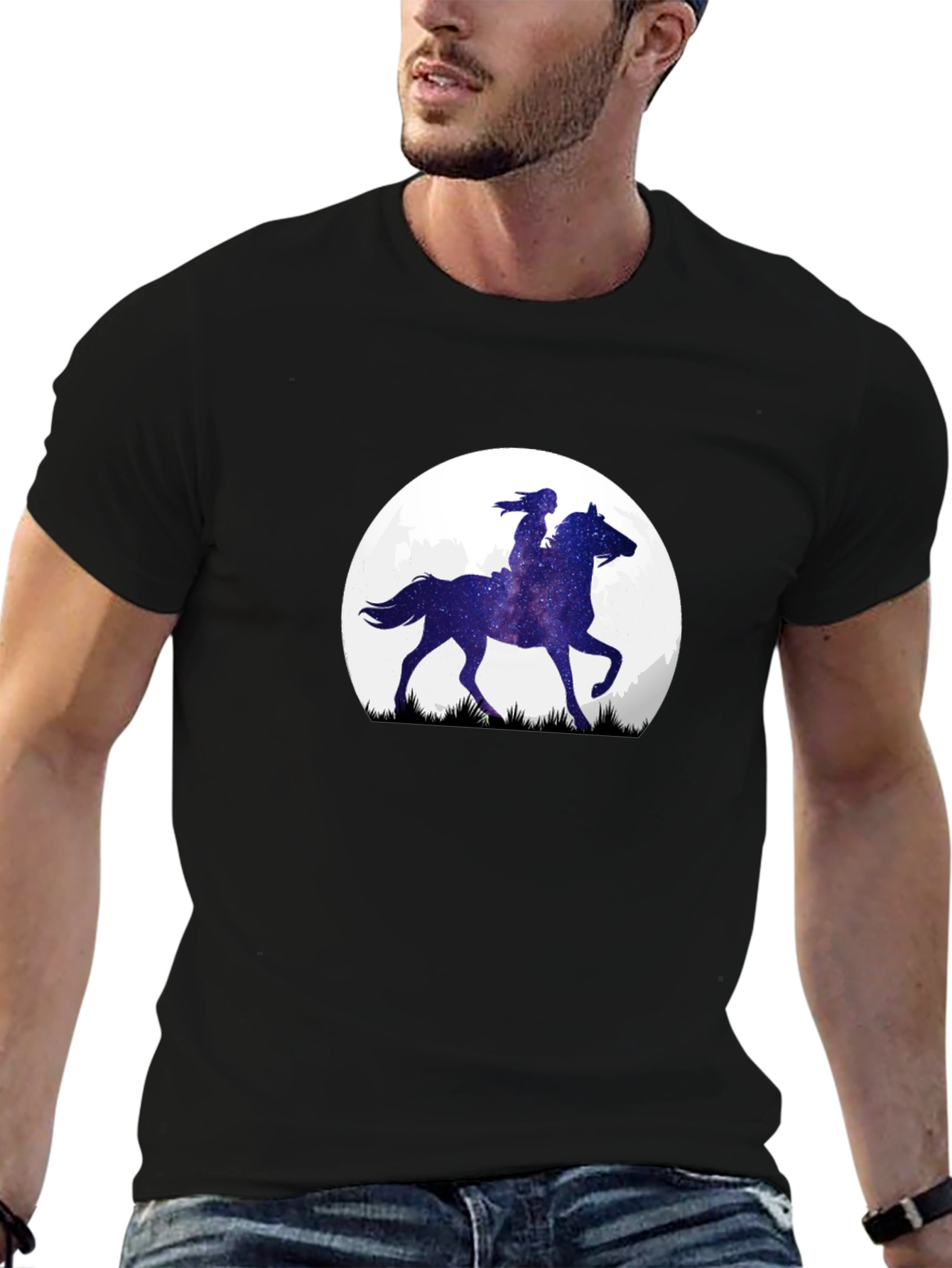 Equestrian Moon Mens Black Graphic Tee