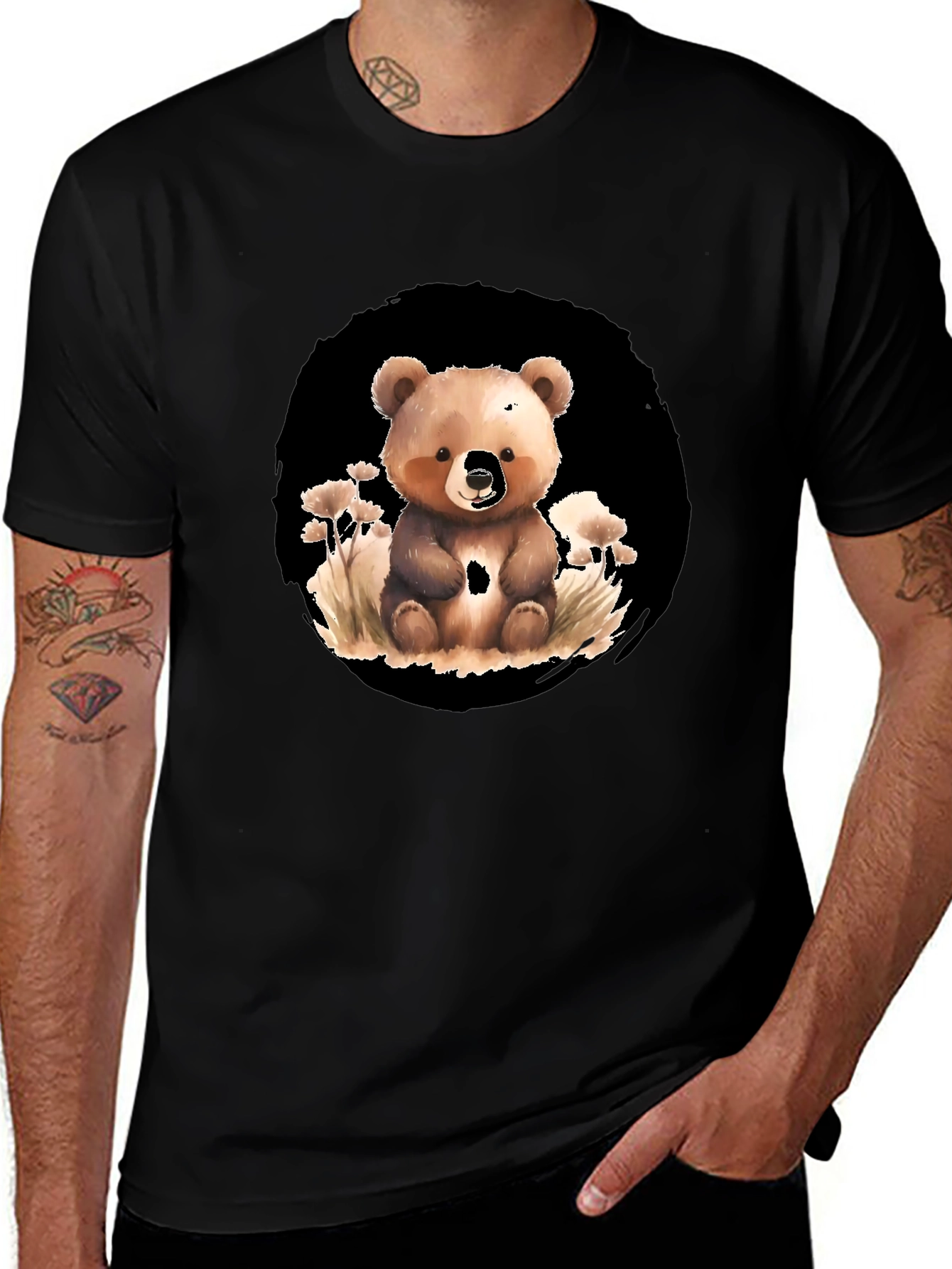 Cute Bear Graphic Tee - Black Cotton Blend Shirt