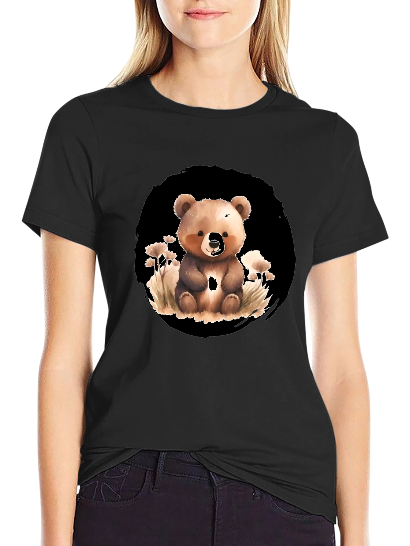 Cute Bear Graphic Tee - Black Cotton Blend Shirt
