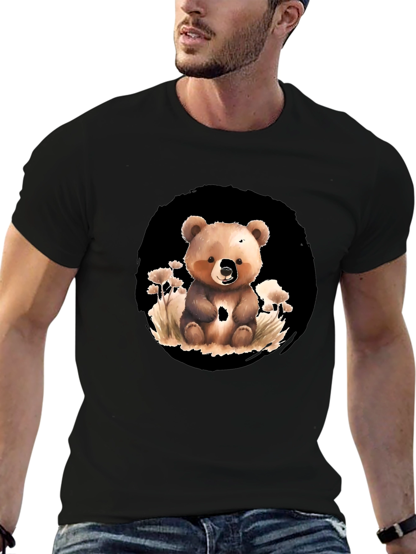 Cute Bear Graphic Tee - Black Cotton Blend Shirt