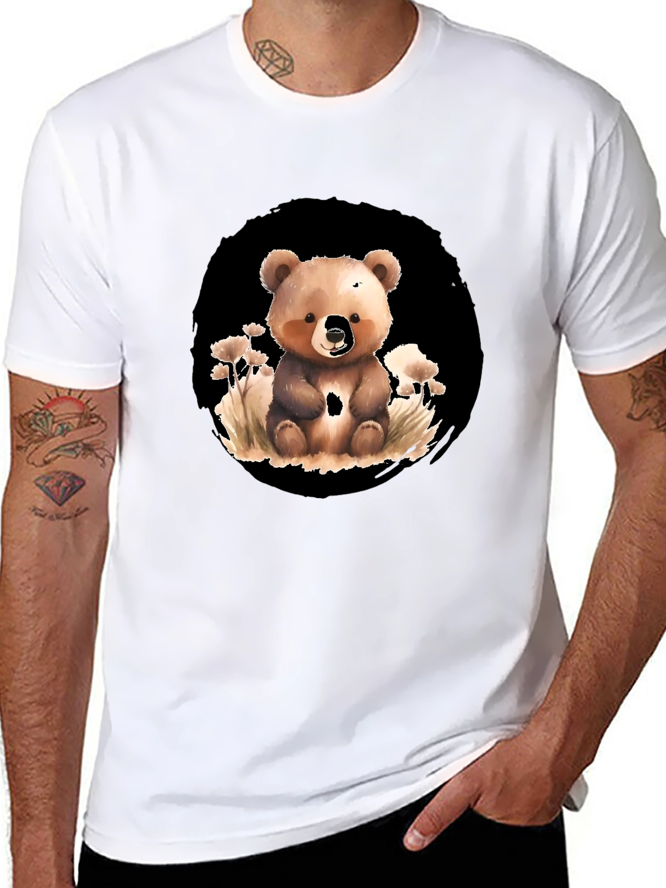 Cute Bear Graphic Tee - Black Cotton Blend Shirt