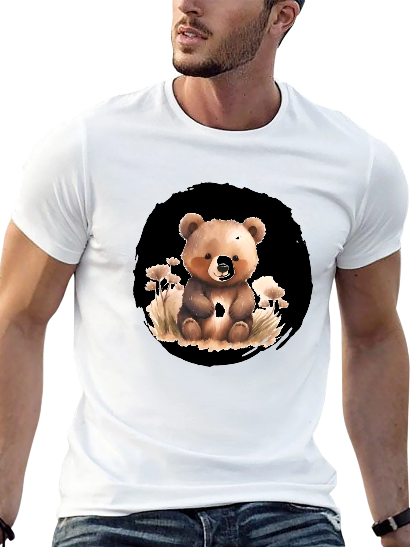 Cute Bear Graphic Tee - Black Cotton Blend Shirt