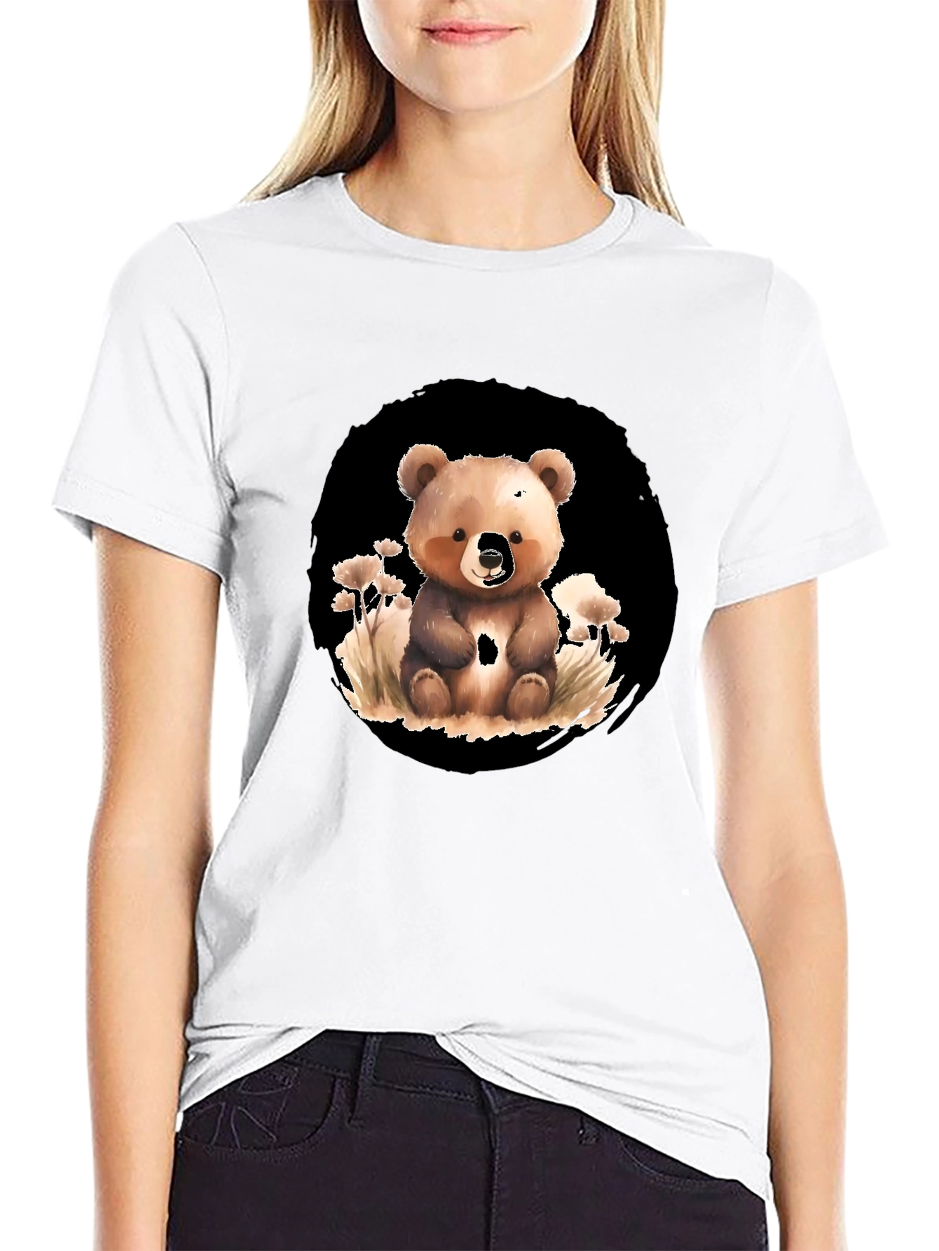 Cute Bear Graphic Tee - Black Cotton Blend Shirt